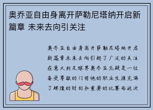 奥乔亚自由身离开萨勒尼塔纳开启新篇章 未来去向引关注